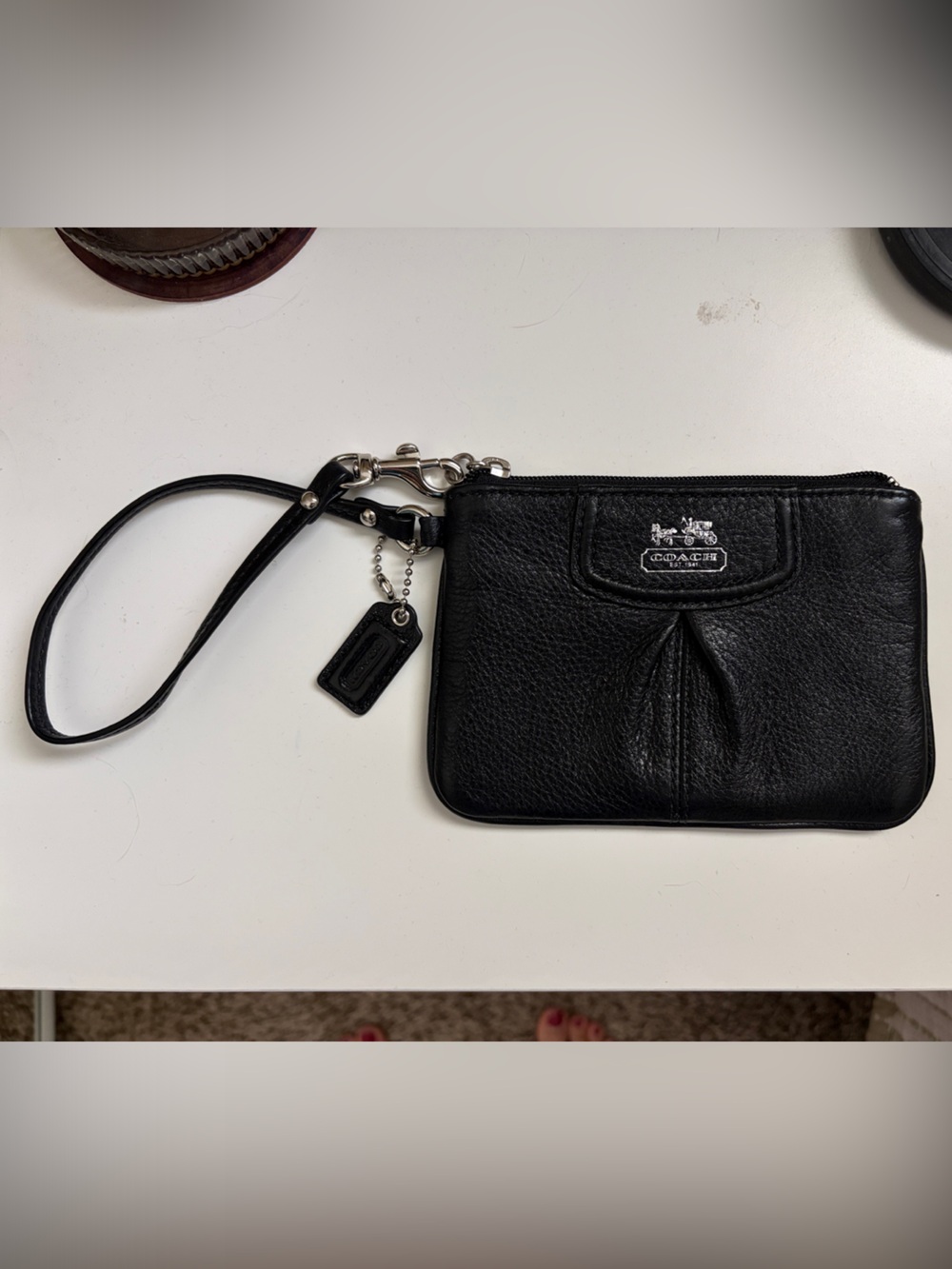 Coach Black Leather Zip Wristlet with Silver Hardware